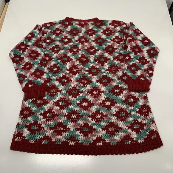 Vintage 70s Handmade Sweater Granny Geometric Multicolored 2XL Afghan Style - Picture 2 of 7